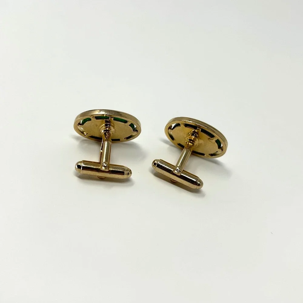 Vintage Gold Tone Green Marbled Semi Precious Oval‎ Cufflinks Mid Century Modern
